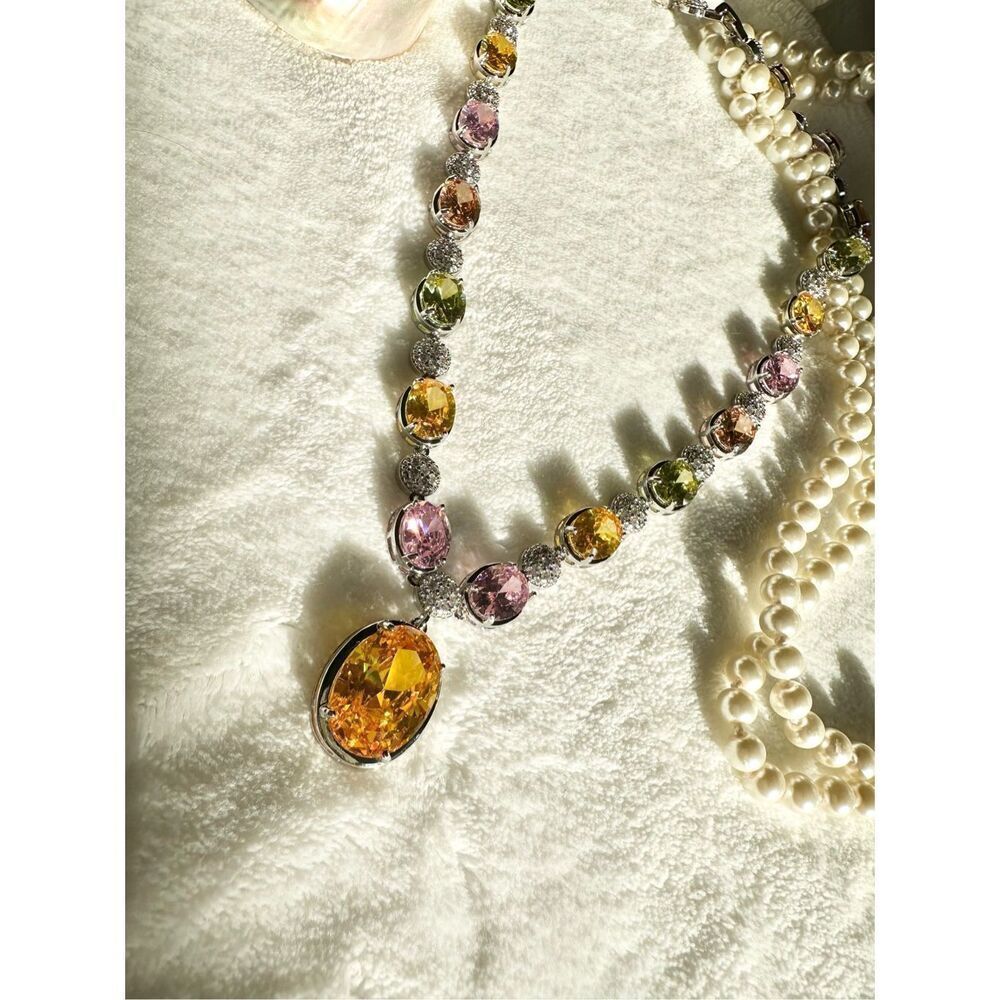 Gorgeous oval canary and multicolor cubic zirconia statement necklace  - Picture 3 of 12